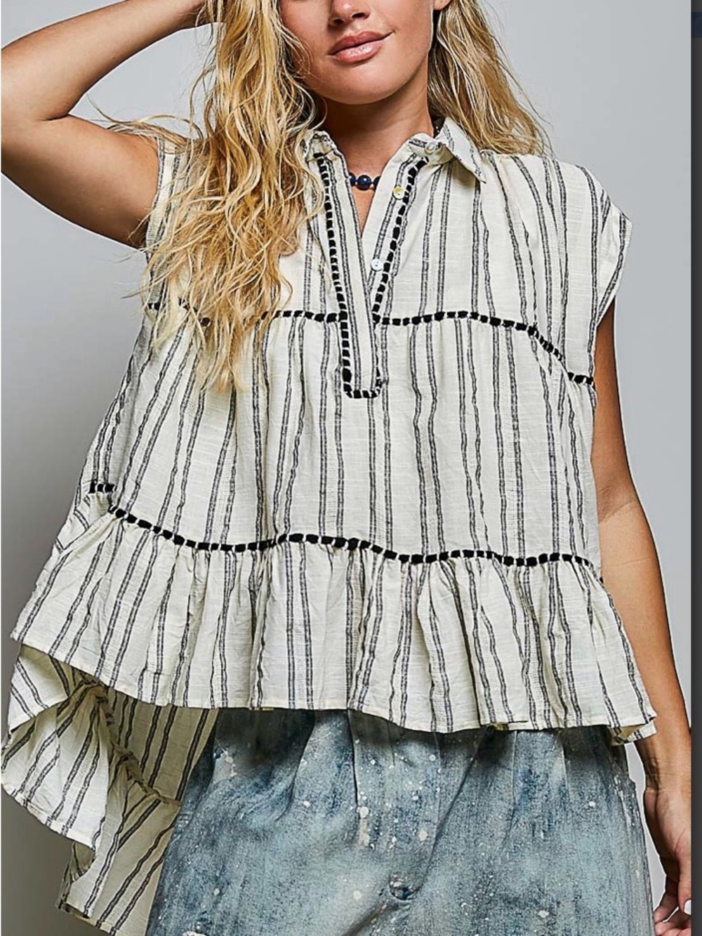 POL Striped Peplum Tunic Top - White & Black